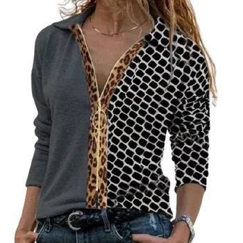 Toamna de Moda Leopard Carouri Panou cu Fermoar Top femei OL birou T-shirt Doamnelor Strada V-Neck Maneca Lunga Plus Dimensiune T-shirt 2XL