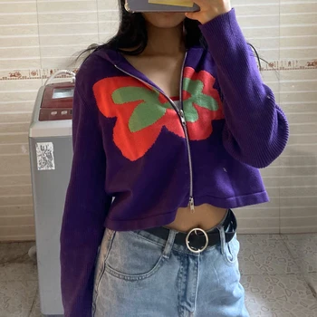 Femei Tricotate Cardigan Cu Gluga Tricotate Zip Through Hoodie În Violet