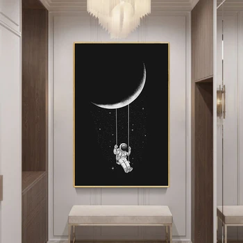 Amuzant Spațiu de Artă Astronaut Swinging pe Lună, Stele Panza Pictura Poze de Perete pentru Camera de zi Postere si Printuri Decor Acasă