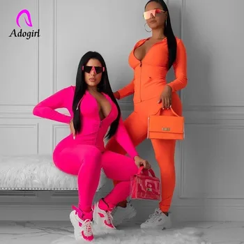 Fitness Neon Roz Set De Două Piese Topuri Cu Maneci Lungi Pantaloni Legging 2019 Nou Sport De Iarnă Costum Fluorescente Femei Trening Utilaje