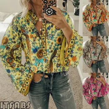 În 2020, Noi Femeile Boho Florale Flare Bluza Cu Maneci Lungi Tricou Doamnelor Păun Tipărite V Gât Vrac Se Potrivi Bluze Bluza Blusas Îmbrăcăminte