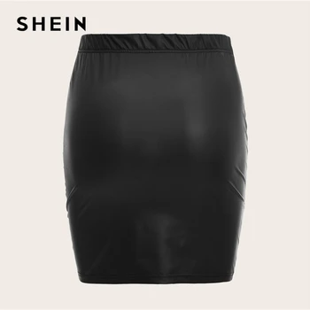 SHEIN Plus Dimensiune Negru Ruched PU Piele Bodycon Fuste Femei de Primăvară Solid Doamne de Birou Elegant Slab Fusta Scurta