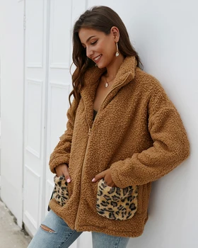 2019 Iarna Nou Stil Pentru Femei Lână Blană Haină Călduroasă Sacou Leopard Buzunar Maneca Lunga Cu Fermoar Moda Sacou Haina Uza
