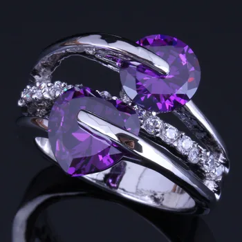 Plin de har Inima în Formă de Rotund Violet Cubic Zirconia Albe CZ Placat cu Argint Inel V0464