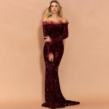 E Yiiya Paiete Rochie de Seara Elegante De pe Umăr Mermaid Rochie de Seara 2020 Maneca Lunga Rochie Lunga Femeie Partid K296