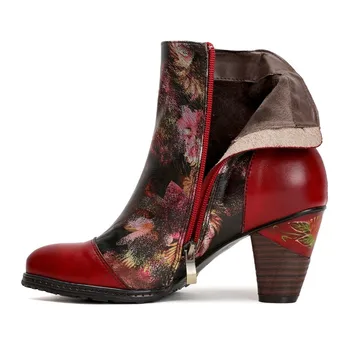 Johnature Pantofi De Iarna Pentru Femei Cizme Pentru Femei Din Piele 2020 Noi Culori Amestecate Zip De Flori Handmade Stil Național Cizme Cu Toc