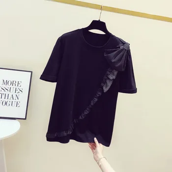 Tricou De Vara Negru Cu Maneci Scurte Sus Tricouri Femei Drăguț Bowknote Coreeană Stil De Moda De Sex Feminin Casual Pierde Supradimensionat Tricouri Japonia