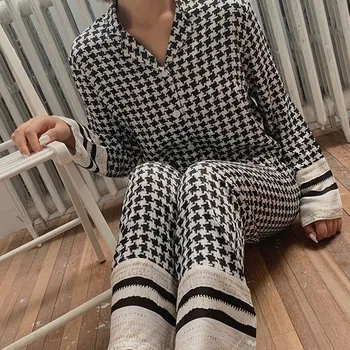 2020 Toamna Moda Femei Pijamale Pijama Set Moale Confortabil Vascoza cu mâneci Lungi Costum Roșu Net Houndstooth Print Uzura Acasă
