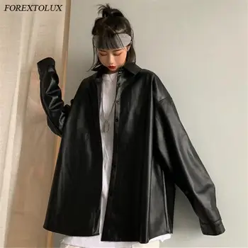 Ins PU Negru din Piele Artificiala Overshirt de sex Feminin Hip Hop Streetwear Butonul Adolescente Supradimensionat Motorbycle Buna Bluza Punk Topuri
