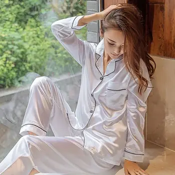 Toamna Imprimare Model pentru Femei Seturi de Pijama din Satin de Mătase simt Pijamale cu Maneci Lungi Pantaloni Acasă Costum din Două Piese Set Plus Dimensiune