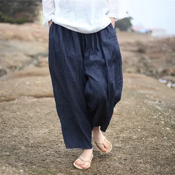 Johnature 2020 Nouă Femei Blugi De Culoare Albastru Închis Mijlocul Talie Elastic Pantaloni De Vara De Culoare Solidă Vrac Epocă Glezna-Lungime Pantaloni