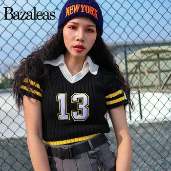 Bazaleas Punk 13 Aplicatii Femei T-shirt Rândul său, în Jos Tricotate Crop Top harajuku Mozaic tricou Casual de Bază Trunchiate topuri femeile