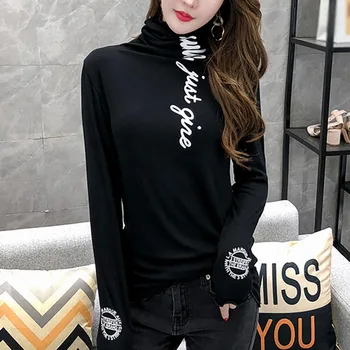 O coreeană Stil Grafic Tricouri Femei Plus Scrisoare de Imprimare tricou cu Guler Înalt și Subțire, cu mâneci Lungi Bottom Sălbatice Topuri Casual