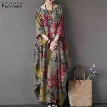 2021 ZANZEA Tipărite Maxi Rochie Eleganta pentru Femei Floral Sundress Toamna Casual cu Maneci Lungi Vestidos de sex Feminin Halat de Bumbac Supradimensionate