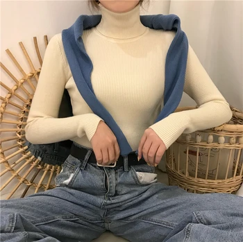 Iarna coreean de înaltă gât tricotate bottom tricou pentru toamnă/iarnă pentru femei pulover slim fit all-meci exterior purta topuri