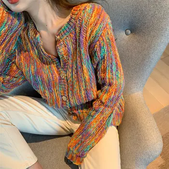 Femei Cardigan Scurt O-gât Tricotat Pulovere Jumper Colorate cu Maneca Lunga de Moda Chic de Primăvară Doamnelor Haina Streetwear coreean Ins