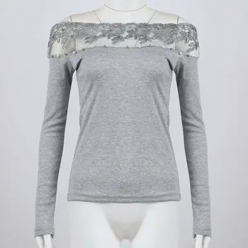 2019 Noua Moda pentru Femei Femei de Pe umăr Vedea prin ștrasuri din Mărgele Floral Maneca Lunga Slim Topuri Casual Slim Fit T-Shirt-uri de Top