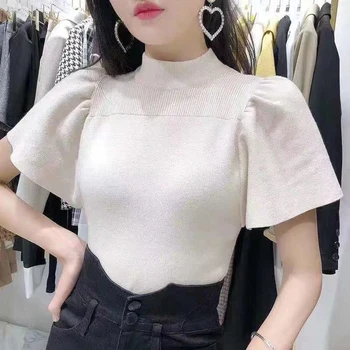 2020 Vara Topuri Tricotate Femei tricou Maneca Scurta coreeană de Moda Tricot Pulovere T-shirt, Tee Shirt Femme Tricou Tricotaje