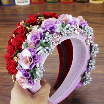 Manual De Violet Și Roșu Trandafir Coroană De Flori Benzi De Cristal Baroc Bentițe Pentru Femei Caciula Nunta Bal De Păr Bijuterii