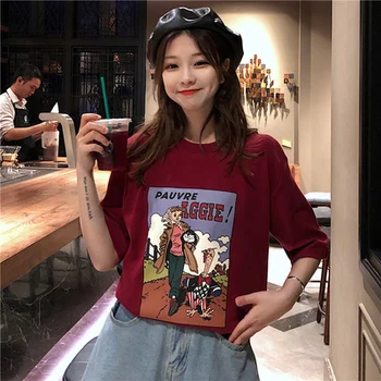 Coreeană Harajuku Liber Tricou Femei Casual cu Maneci Scurte Ulzzang de Desene animate de Imprimare T-shirt-uri de Fete de Vară Kawaii Drăguț Tricou Top de Bază