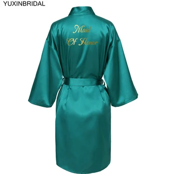 Satin kimono-halat Femei Alb Verde Mentă de Satin de Mătase Mireasa, domnisoara de Onoare Haina de Nunta Mireasa Halat de Pijamale de Aur de Imprimare