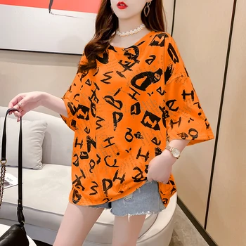 Mid-lungime tricou Femei scurte Stil coreean de imprimare Ins Fierbinte topuri de bumbac tricou Plus Dimensiune de Bază harajuku Teuri vara MY2805