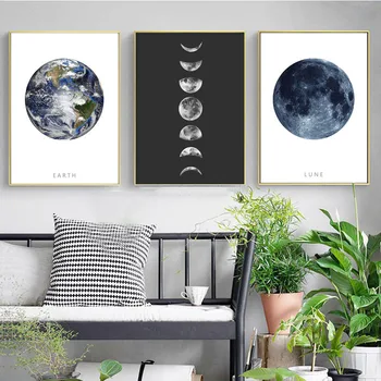 Pământ Luna Cuadros Nordic Poster de Perete de Arta Canvas Tablou Abstract Imagini Alb Negru pentru Decor Cameră de zi Postere si Printuri