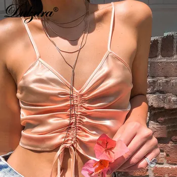 Dulzura satin cu cordon bandaj femei culturilor sus ruched backless curea sexy petrecere de vară 2020 bretele festivalul de îmbrăcăminte de mătase