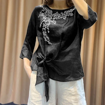 Vară Stil de Arte Femei Maneca 3/4 Pierde T-shirt de Epocă Broderie de Bumbac, O-neck Tee Shirt Siret Arc Femme Topuri Plus Dimensiune M38