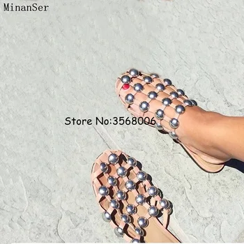 Moda Ieftine Amelia Piele Sandale De Plaja Catâri Aluneca Pe Nit/ Pearl/ Cristal Împânzit Papuci Femei Plat Slide-Uri În Cuști Pantofi 44