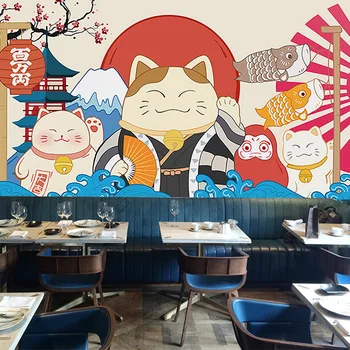 Stil japonez vânt cat noroc ramen snack restaurant de sushi de fundal de mână-pictat desene animate restaurant Japonez tapet mural