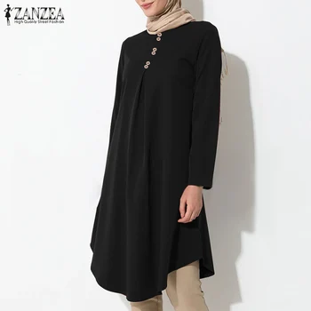 Femei Bluza Asimetrica ZANZEA 2021 Epocă Musulman Lungi Tricou Casual cu Maneci Lungi Blusas de sex Feminin Butonul Topuri Plus Dimensiune Tunica