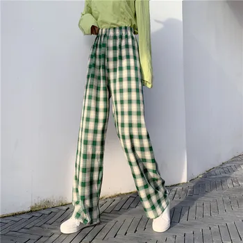 HOUZHOU Carouri Pantaloni Femei Plus Dimensiune Pantaloni Largi Liber Supradimensionate Verificat Pantaloni Stil coreean, în Carouri, Pantaloni de Moda de Jokeri