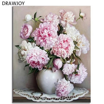 DRAWJOY Încadrată de Flori Roz Și Vază de BRICOLAJ, Pictura De Numere Arta de Perete DIY Pânză Pictură în Ulei Home Decor Pentru Camera de zi