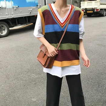 2019 toamna și iarna stil Vintage v gât tricotate rainbow stripe vestă fără mâneci pulovere femei pulovere pentru femei (F1353)