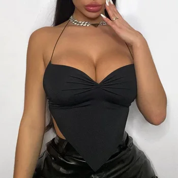 E-FATA Sexy Backless Y2k Bralette Crop Top Negru de sex Feminin Goth Estetice Petrecere de Club Haine fără Mâneci V Gât Ruched Halter Topuri