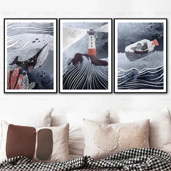 Abstract Mare Poster Balena Derivă Sticla De Artă Panza Pictura Tapet Nordic Ambarcațiuni De Imprimare Imagine Decorare Dormitor