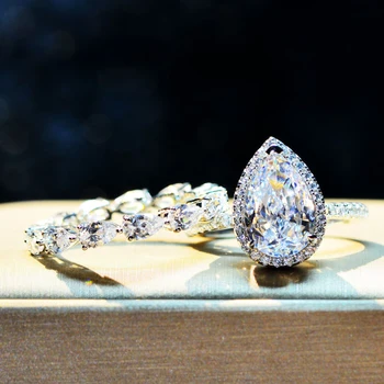 De lux AAAAA+ Mare Zircon picătură de Apă S925 Argint inele de nunta set pentru femei Top Spumante de calitate CZ de Logodna bijuterii