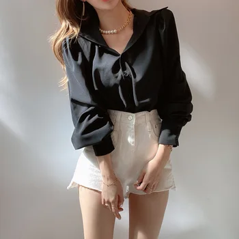 Coreeană Liber Chic Femei Bluza Simpla Versatil Rever Maneca Lunga Tricou Elegant Tricou Femei Topuri Topuri Roz Blusas Mujer 12492