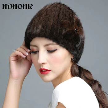 HDHOHR 2020 Nou Caciula de Blana de Iarna Femei Reale Nurca Blană Pălărie de Flori decora Căciuli Tricotate pentru Femei de Moda Capace de Blană