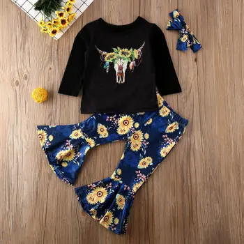 2-6Y Copilul Fetita 2020 Primăvară Floarea-soarelui Haine Topuri cu Maneci Lungi tricou +Pantaloni Flare+Bentita 3pcs Utilaje