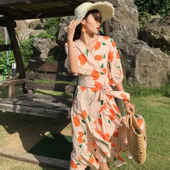 Vara Femei Florale Rochie De Imprimare Lungi Elegante Pauza De Ceai Satin Rochie De Vacanță Casual Vintage Midi Tropical Beach Dress Pista 2020
