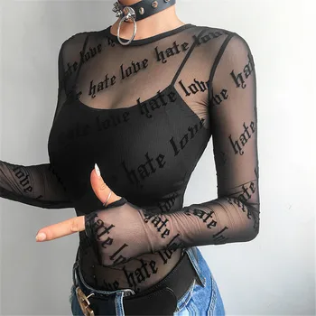 Femei Sexy Mesh T-Shirt Vedea-Prin Perspectiva Tricou Scrisoarea Imprimate O De Gât Transparent Lungi Tricou Maneca Topuri Femeile