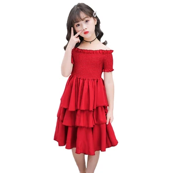 Fete rochie de vara tort roșu niveluri sifon copii rochii de partid pentru fete ziua de nastere maneci scurte 4 6 8 10 12 Y haine copii