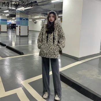 MATAKAWA Toamna anului 2020 Nou Hanorac coreean Chic Liber Leopard Lână Tricou Haine de Iarnă pentru Femei Jachete de Epocă