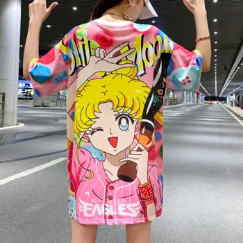 Plus Femei de Stradă de Moda Rochie O-Gât Vrac Mesh cu uscare Rapida, Sailor Moon Print Digital Gol Afară Supradimensionat Tricou Lung Rochii