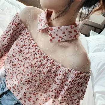 MISSKY Bluza Femei de Primăvară și de Toamnă Trompeta-maneca Despicare Plasă Florale Șifon Bottom Tricou Femei Topuri Noi