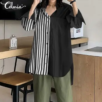 Femei Casual Tricouri Celmia Moda Bluza Cu Maneci Lungi De Toamnă Split Blusas Femininas Vintage Cu Dungi Mozaic Topuri Asimetrice