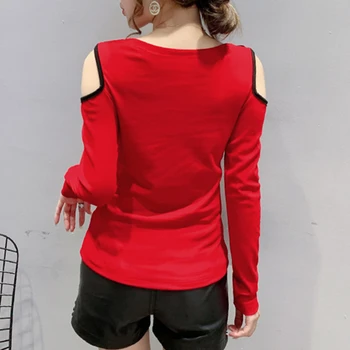 Primavara Toamna Stil coreean T-Shirt Girl Chic Sexy de Pe Umăr Diamante Strălucitoare Mozaic ochiurilor de Plasă de Dantelă de Bumbac Femei Topuri Teuri T11406A