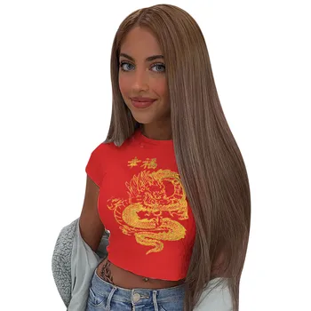 Jaycosin Femeie Tricouri Imprimate cu Maneci Scurte Crop Top Tricou Haine de Vară Dragon Imprimare tricou Domnisoare Streetwear Tricou